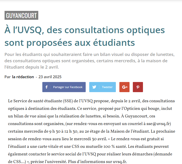 La gazette SQY: des consultations optiques sont proposées aux étudiants